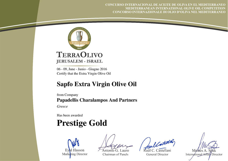 CERTIFICATE FOR GOLD AWARD FROM TERRAOLIVO 2016 FOR SAPFO