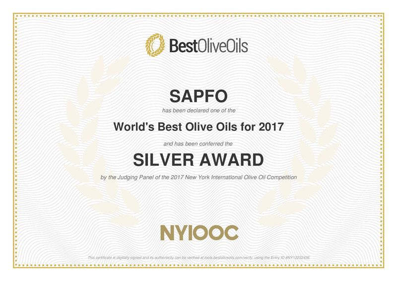 SILVER AWARD CERTIFICATE FROM NYIOOC 2017 FOR SAPFO LIMITED