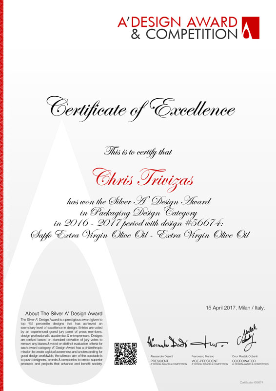 CERTIFICATE FROM A'DESIGN FOR SAPFO LIMITED