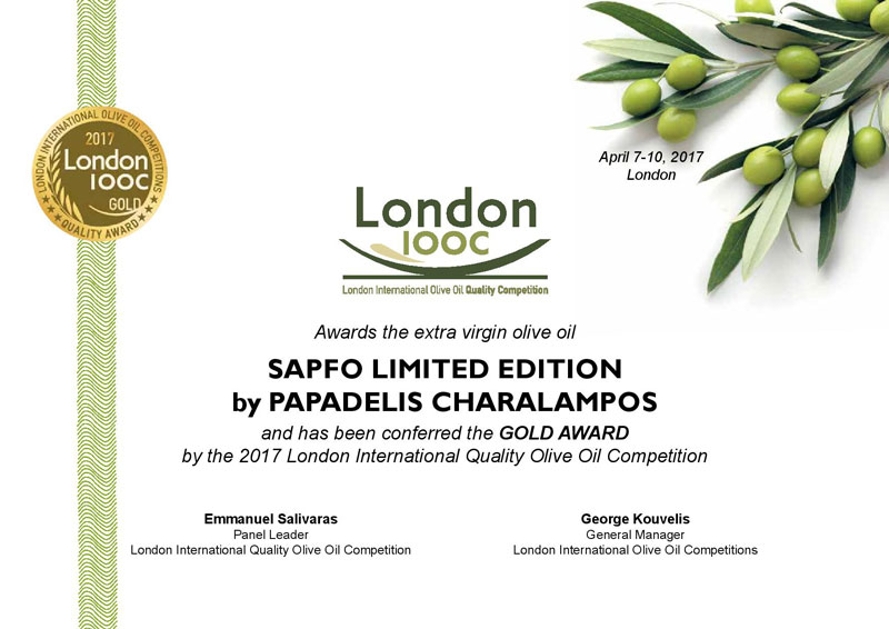 GOLD AWARD CERTIFICATE FROM LONDON IOOC 2017 FOR SAPFO