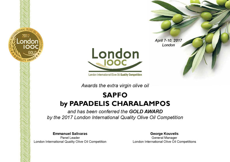 GOLD AWARD CERTIFICATE FROM LONDON IOOC 2017 FOR SAPFO LIMITED