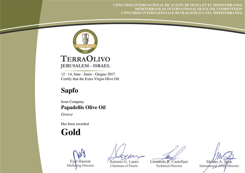 Gold Award Certificate from TerraOlivo 2017 for Sapfo Limited